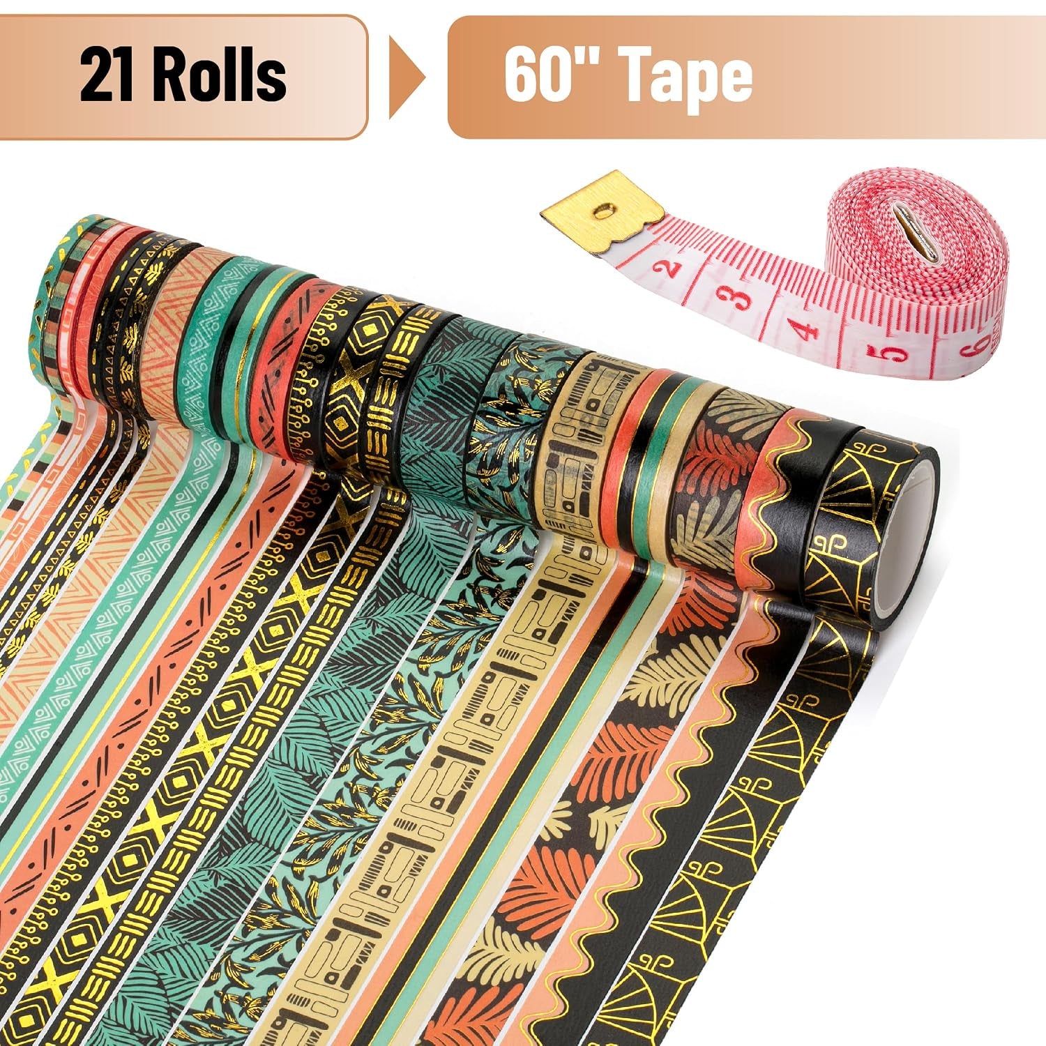 '- Washi Tape Set, 21 Rolls, Assorted Sizes, 5.5 Yards/Roll | Washi Tape for Scrapbook, Arts, Crafts, Journals and Planners, Ethnic Elegance Design