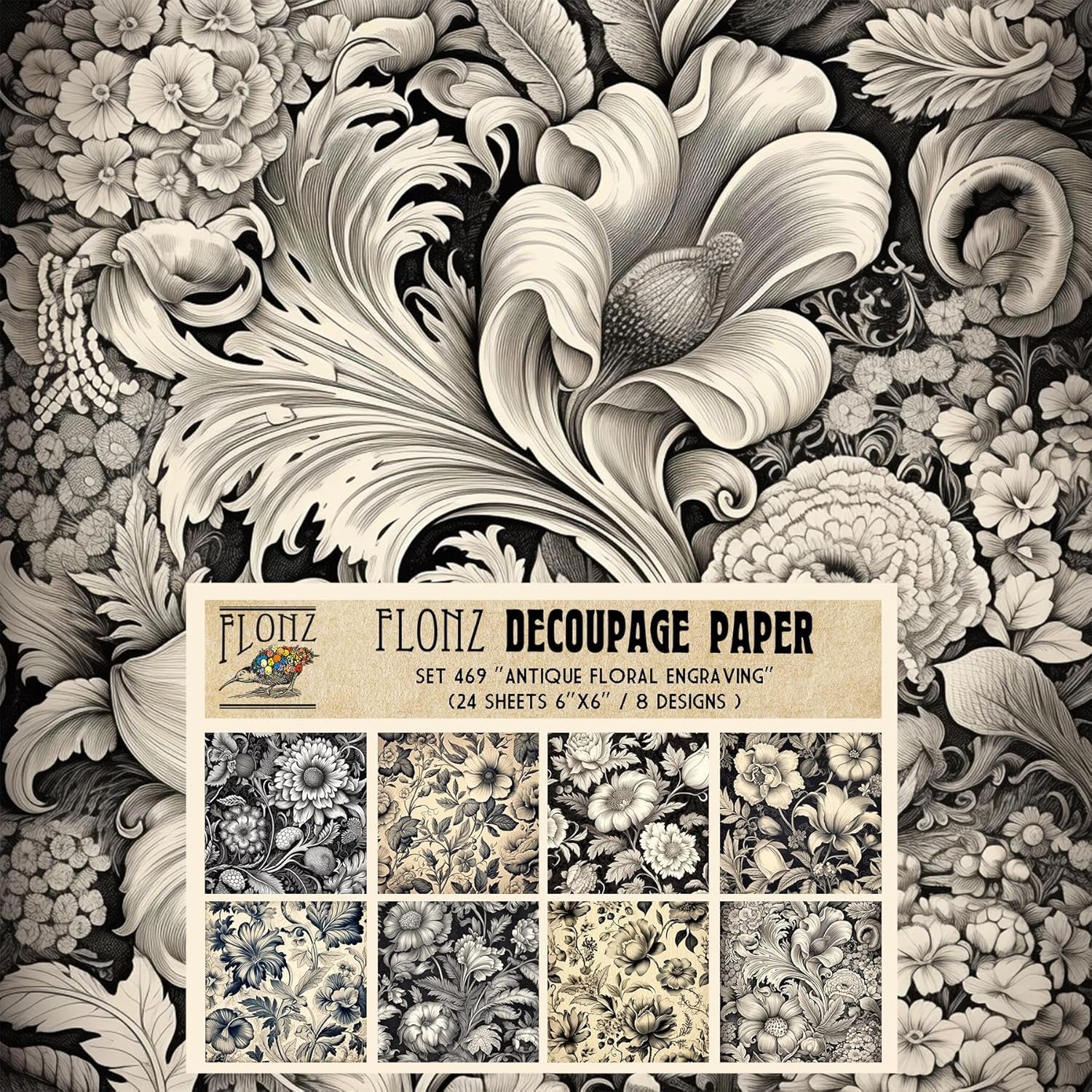 Decoupage Paper Pack (24 Sheets 6"X6") Antique Floral Engraving # Vintage Styled Pattern Paper for Decoupage, Craft and Scrapbooking