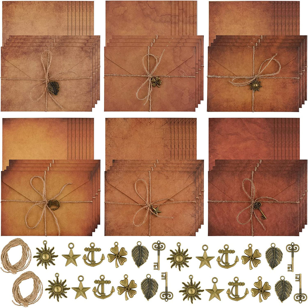 Vintage Stationary Paper and Envelopes Set, Writing Stationery Paper Letter and Envelopes Includes Sheets Antique Letter Papers, Kraft Envelopes, Retro Accessories, Rope (120 Pieces)