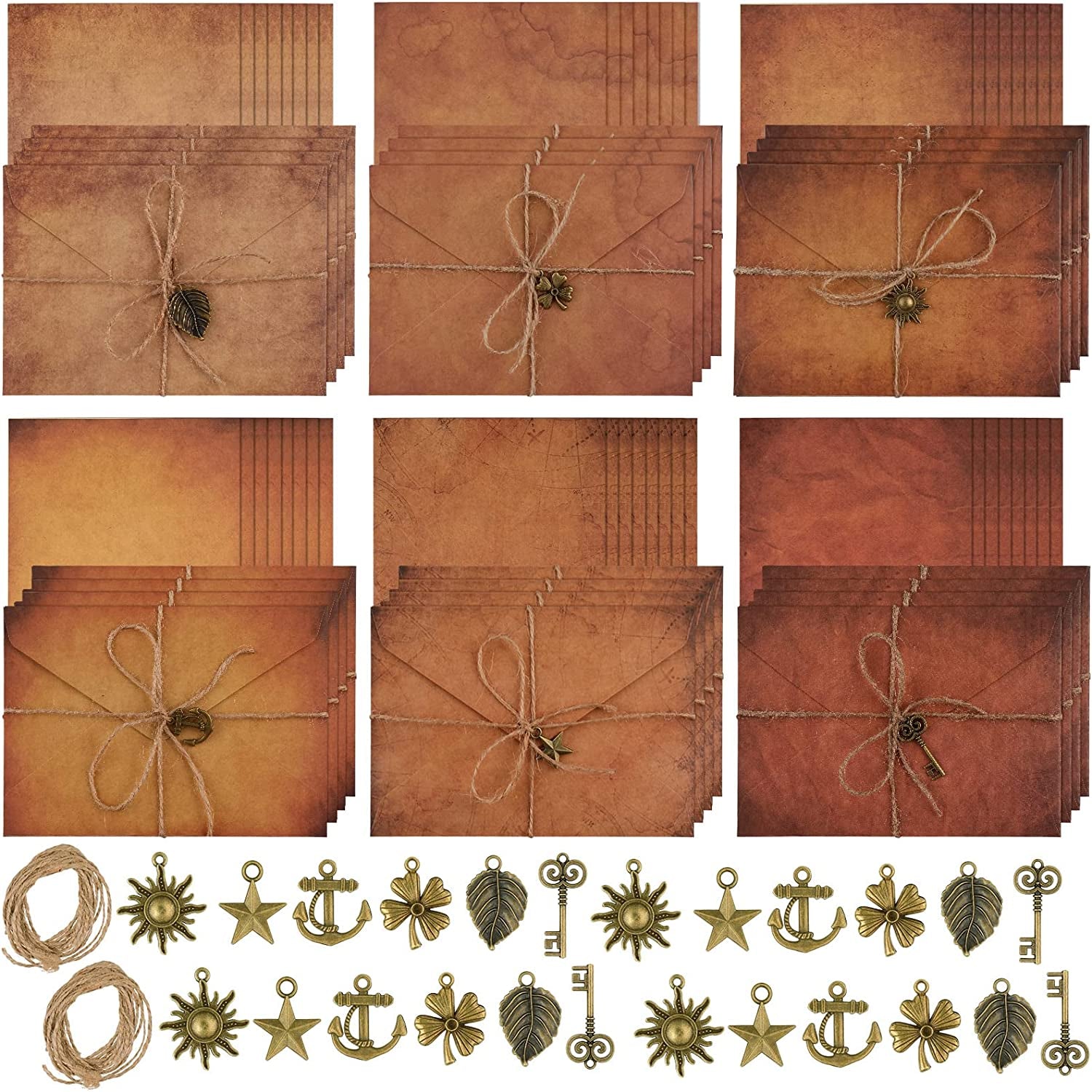 Vintage Stationary Paper and Envelopes Set, Writing Stationery Paper Letter and Envelopes Includes Sheets Antique Letter Papers, Kraft Envelopes, Retro Accessories, Rope (120 Pieces)