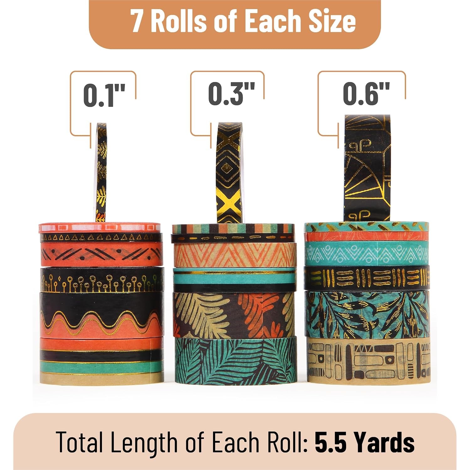 '- Washi Tape Set, 21 Rolls, Assorted Sizes, 5.5 Yards/Roll | Washi Tape for Scrapbook, Arts, Crafts, Journals and Planners, Ethnic Elegance Design