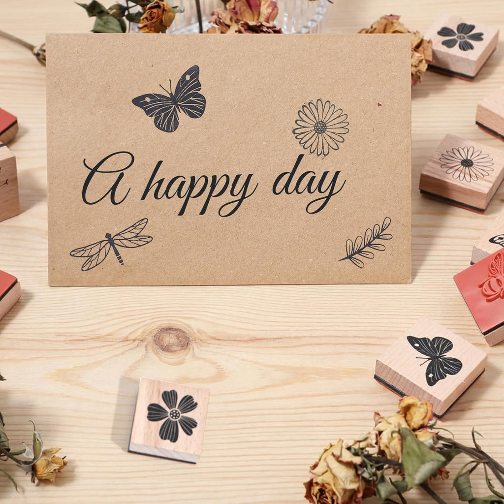 9Pcs Wooden Rubber Stamp Set, Vintage Rubber Stamps for Crafting, Butterfly, Bird, Ladybird & Plant Journal Stamps for Arts & Crafts, Stationary, Scrapbooking, School Projects, Journals