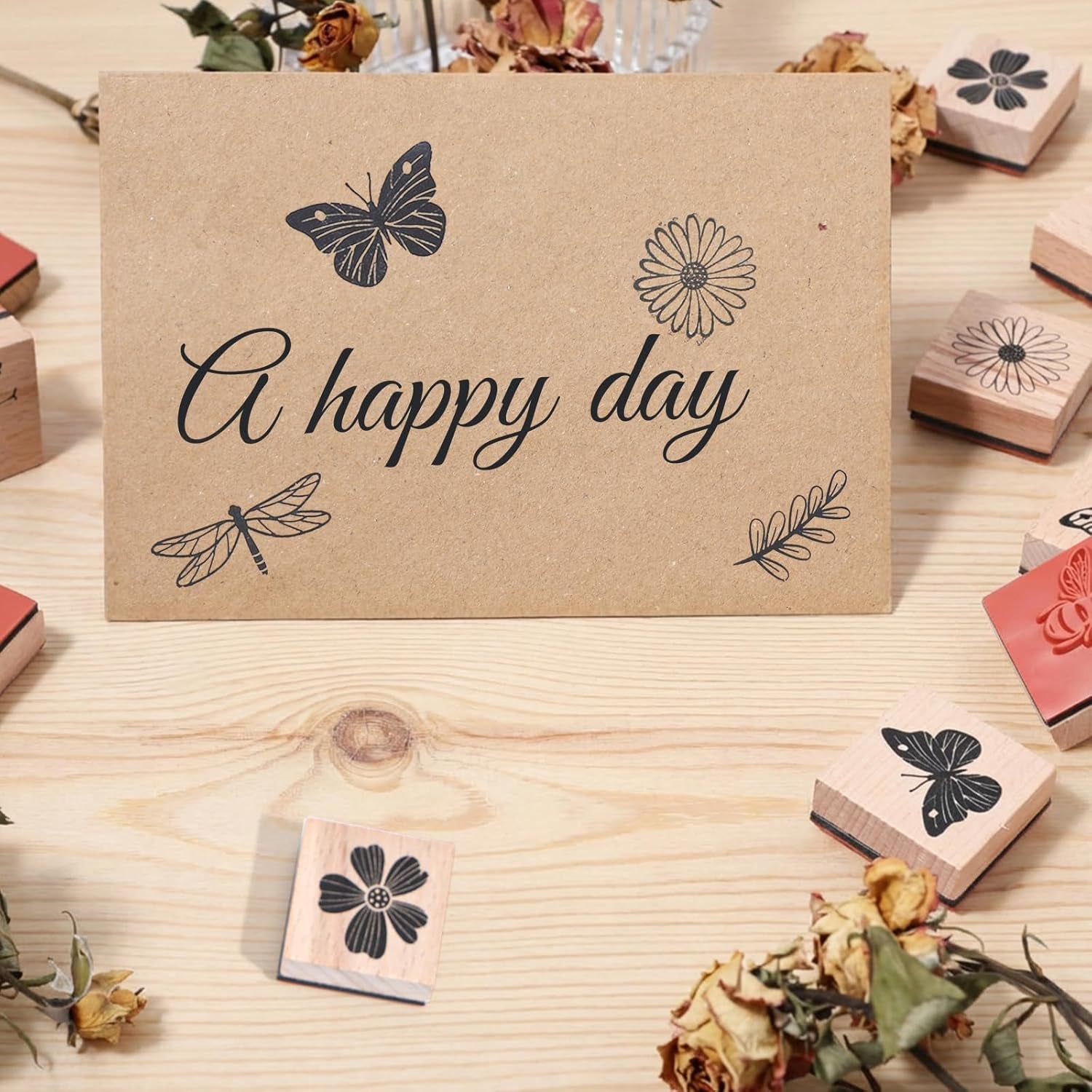 9Pcs Wooden Rubber Stamp Set, Vintage Rubber Stamps for Crafting, Butterfly, Bird, Ladybird & Plant Journal Stamps for Arts & Crafts, Stationary, Scrapbooking, School Projects, Journals