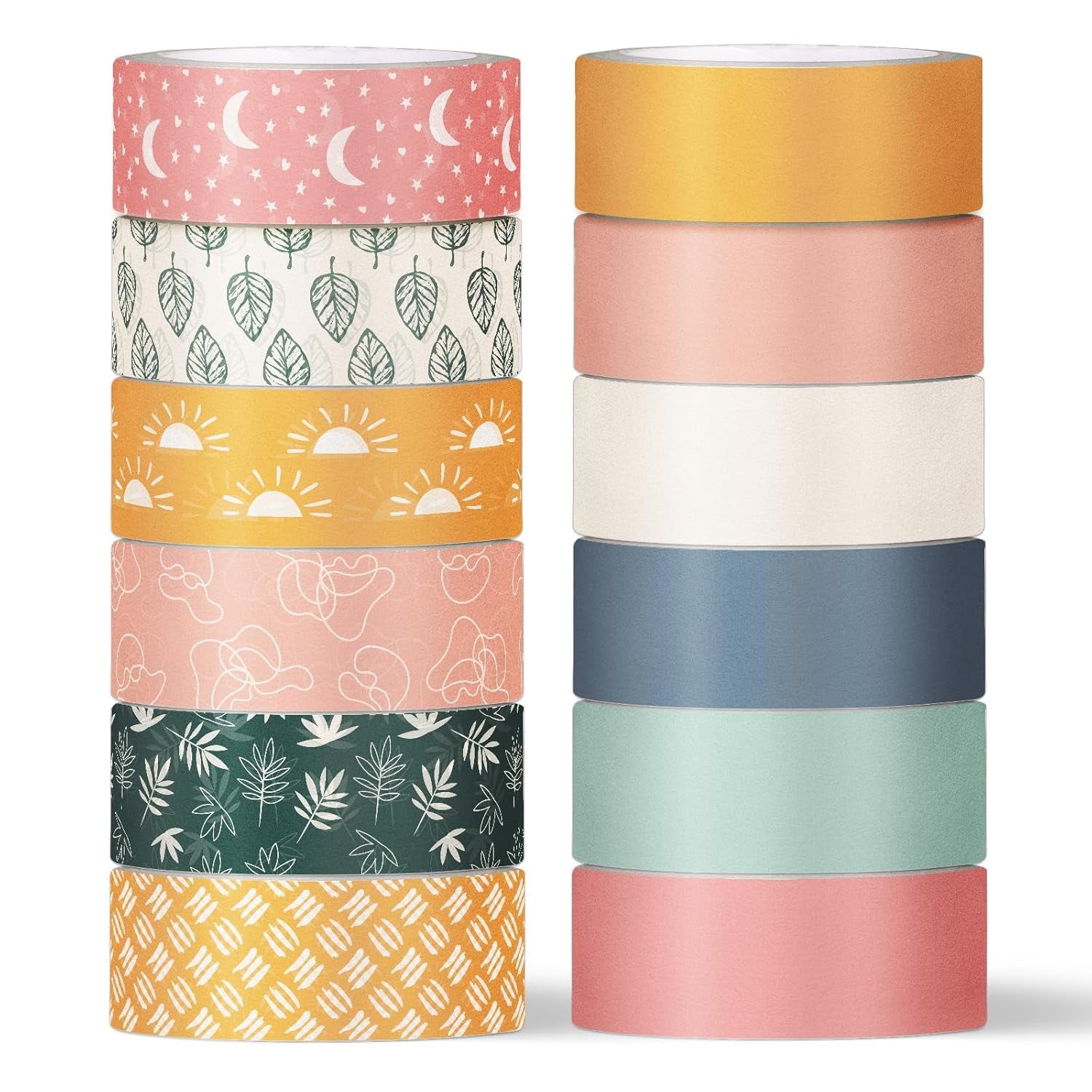 12 Rolls Boho Washi Tape Masking Tape Set Cute Boho Colored Sun Leaves Decorative Wrapping Paper Tapes for Scrapbook Journal DIY Art Crafts