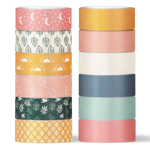 12 Rolls Boho Washi Tape Masking Tape Set Cute Boho Colored Sun Leaves Decorative Wrapping Paper Tapes for Scrapbook Journal DIY Art Crafts