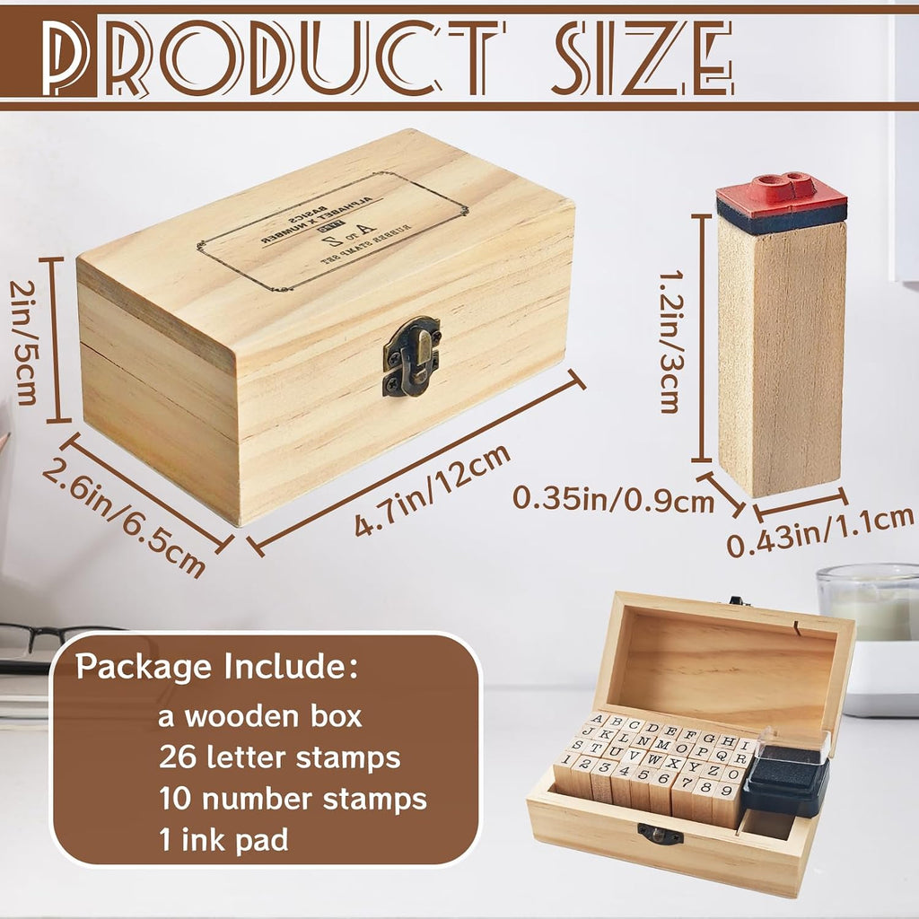36 Pcs Wooden Rubber Number Alphabet Stamps,Rubber Vintage Letter Stamps Kit,Stamper Seal Set with Wooden Box for Crafting,Scrapbooking,Journaling,Card Making