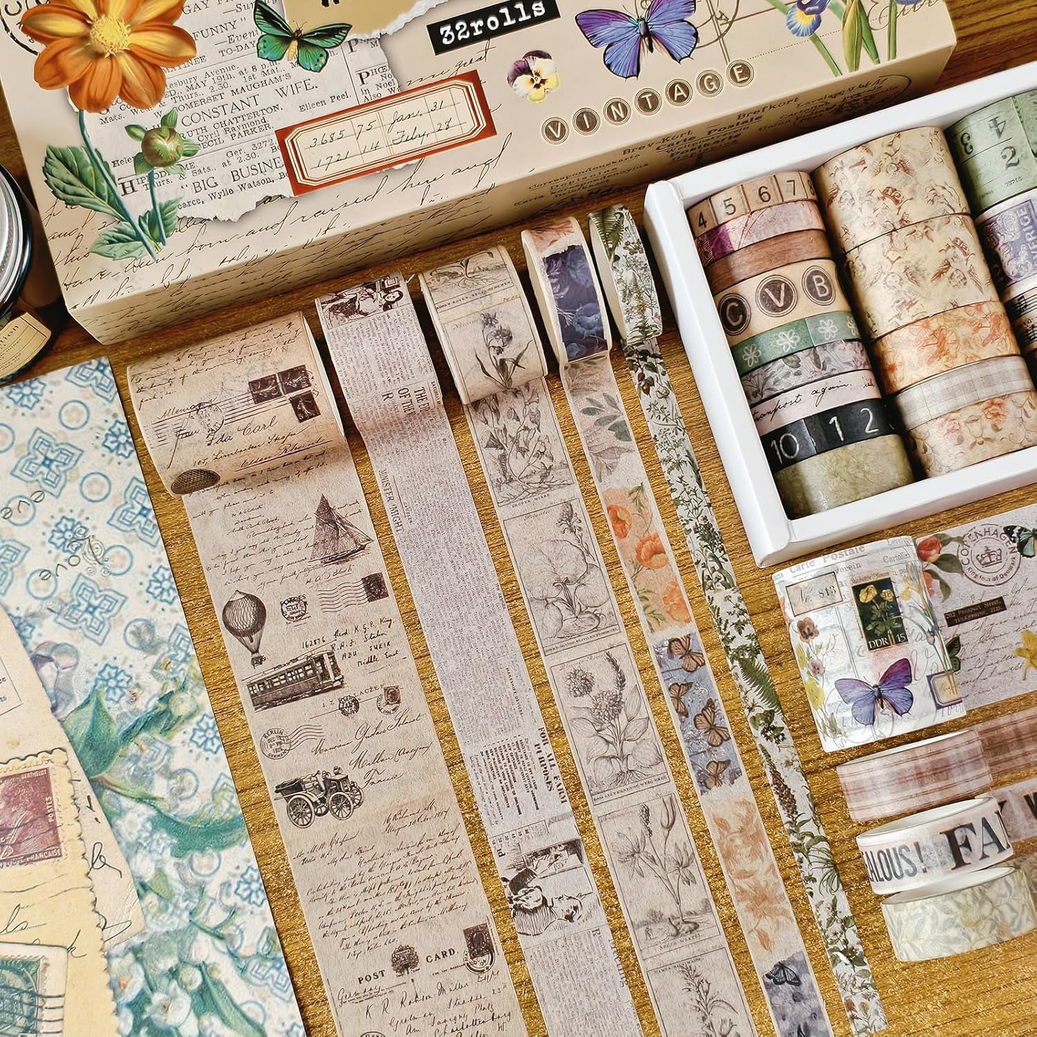 32 Roll Vintage Washi Tape Set Decorative Masking Paper Rainbow Colors Aesthetic Adhesive Ribbon Scrapbook Junk Journal Bullet Planner Diary DIY Craft Card Making Gift Wrapping Supplies